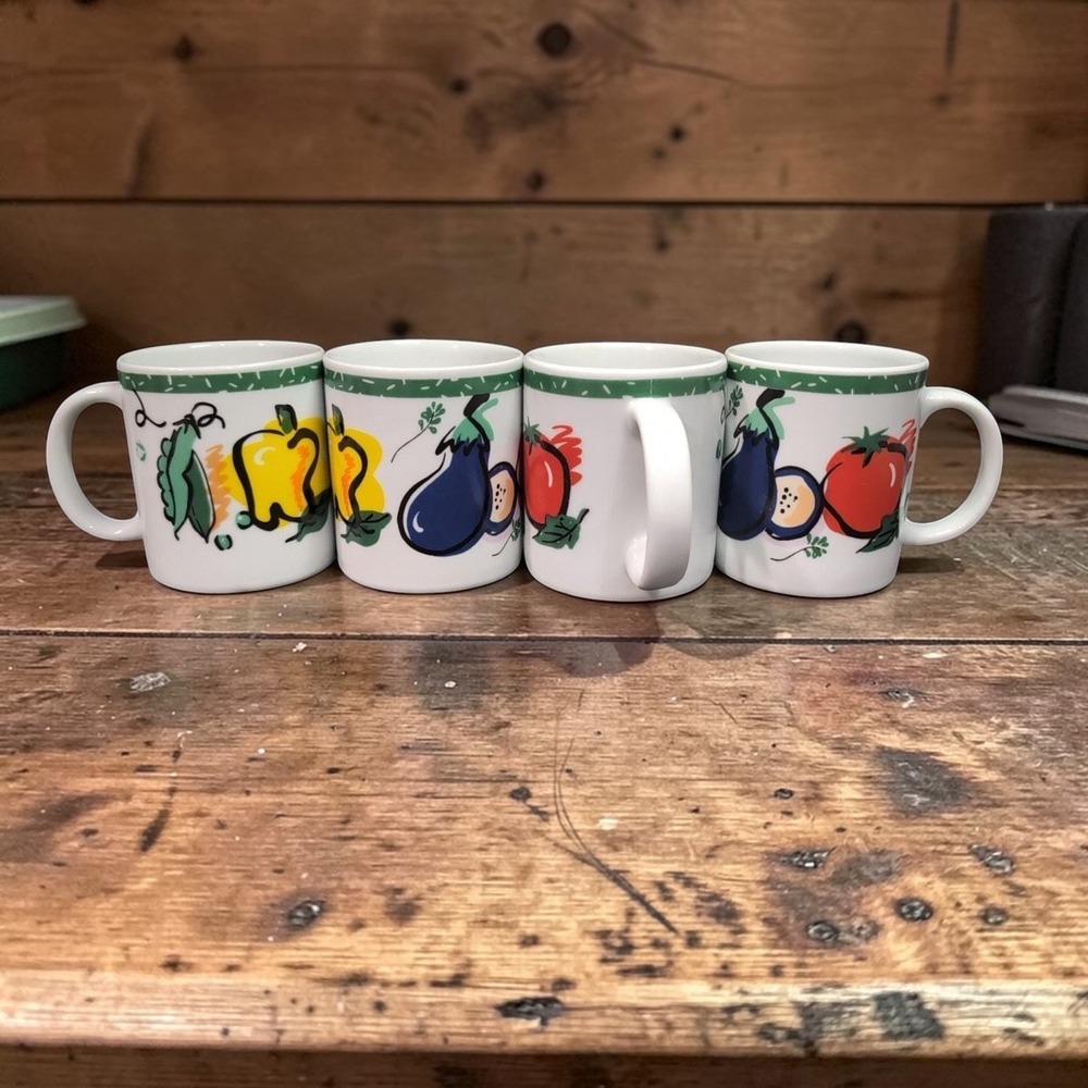 Tom Prager Vegetable Coffee‎ Cups, Set of 4, Eggplant Tomato Pea, Vintage Mugs